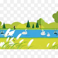 小清新春季河流小鸭子绿色背景