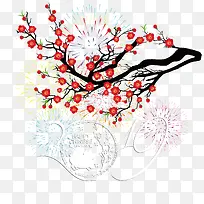 红色的梅花和烟花