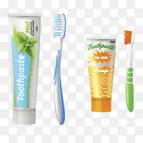 两支牙刷和不同口味的牙膏实物