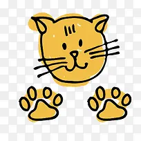 可爱卡通手绘黄色猫爪印和猫咪头
