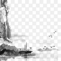 水墨山峰小船和燕子