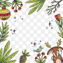 彩绘圣诞驯鹿和树枝边框矢量图