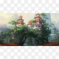中国风卡通树上阁楼海报背景