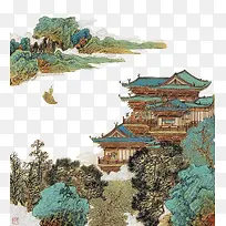 绢本设色滕王阁风景画