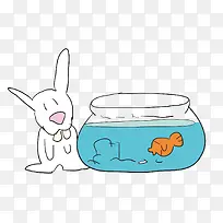 卡通小白兔与鱼缸矢量图