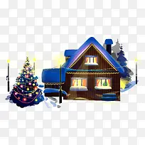 卡通黑蓝色冬季房屋和圣诞树