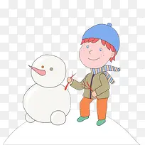 堆雪人的戴围巾帽子的男孩