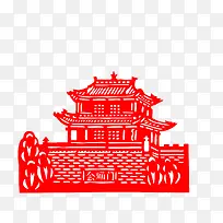 手绘红色城楼装饰免抠图
