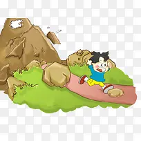 卡通山体滑坡男孩