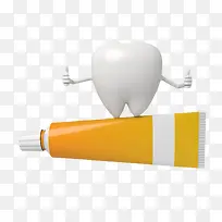 黄橙色塑料包装的牙膏管和卡通牙