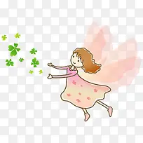 飞起来的小女孩和绿叶