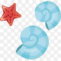 手绘蓝色海螺与海星