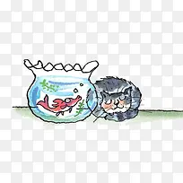 卡通猫咪和鱼缸几米漫画矢量图