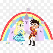 手绘插画王子和公主彩虹城堡