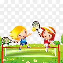 卡通打网球的小女孩