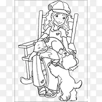 黑白简笔画可爱小女孩与小猫小狗