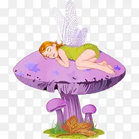免抠卡通紫色蘑菇上睡觉的精灵