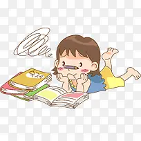 卡通趴着看书的小女孩