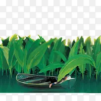 绿色唯美池塘小草装饰图案