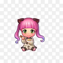 跪坐着吃面小女孩