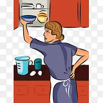 家庭主妇厨房碗柜插画