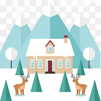 冬天雪地驯鹿小屋