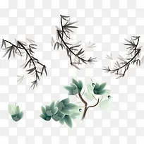 中国风水墨花朵枝叶装饰免扣素材