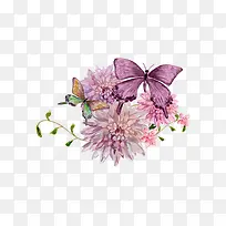 卡通手绘漂亮蝴蝶水彩美丽花朵