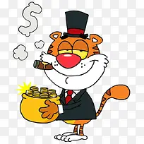 卡通开心的微笑的猫显示抱着钱袋