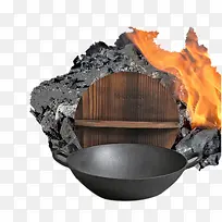 创意煤炭旁的铸铁锅