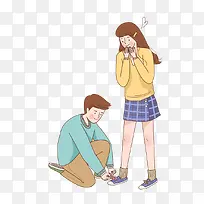 卡通男孩为女孩系鞋带免抠图