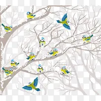 冬天积雪枯树上的翠鸟矢量图