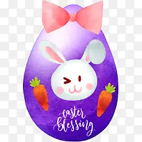 水彩手绘复活节紫色彩蛋蝴蝶结兔