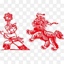 春节红色舞狮剪纸