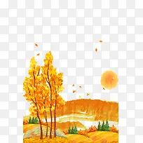 秋季秋分黄色水彩夕阳山脉免扣