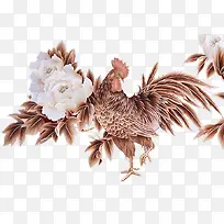中国风工笔画牡丹公鸡