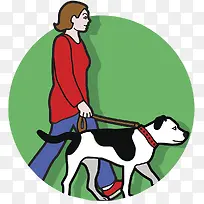 矢量插图牵着狗走路的女人
