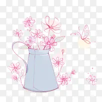 手绘粉色鲜花蝴蝶矢量图