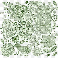 创意线条花卉茶壶鸟背景矢量图