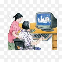 开电脑给父母看插画1