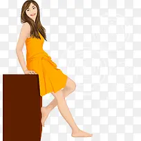 靠着桌子边上的黄衣美女矢量素材