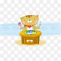 卡通手绘吃鱼猫拿刀叉