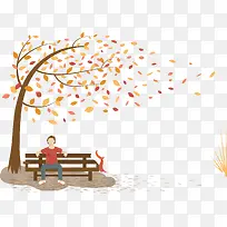 秋季公园长凳落叶