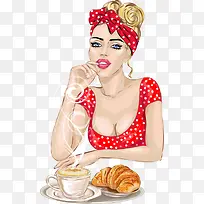 矢量性感美女与卡通咖啡面包