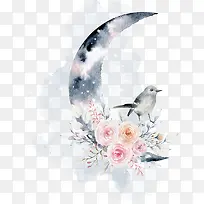 手绘月亮鲜花和鸟png