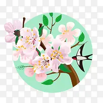 立春卡通桃花树枝燕子矢量图ps