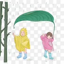 打着叶子雨伞的男孩