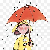 手绘可爱插画撑伞穿雨衣的女孩