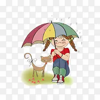卡通可爱插图下雨天撑伞的小女孩