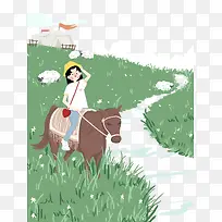 免抠卡通手绘草原上骑马的女孩